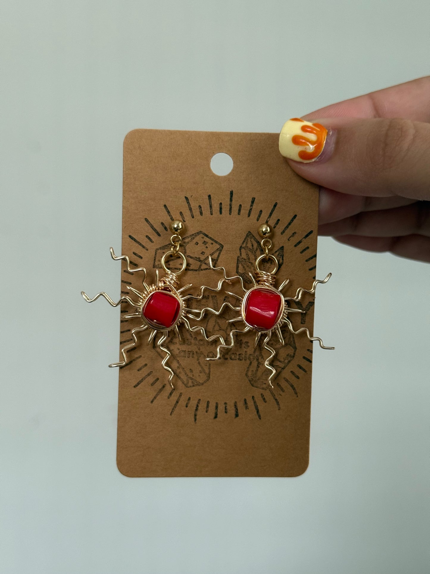 Red coral sun wire earrings