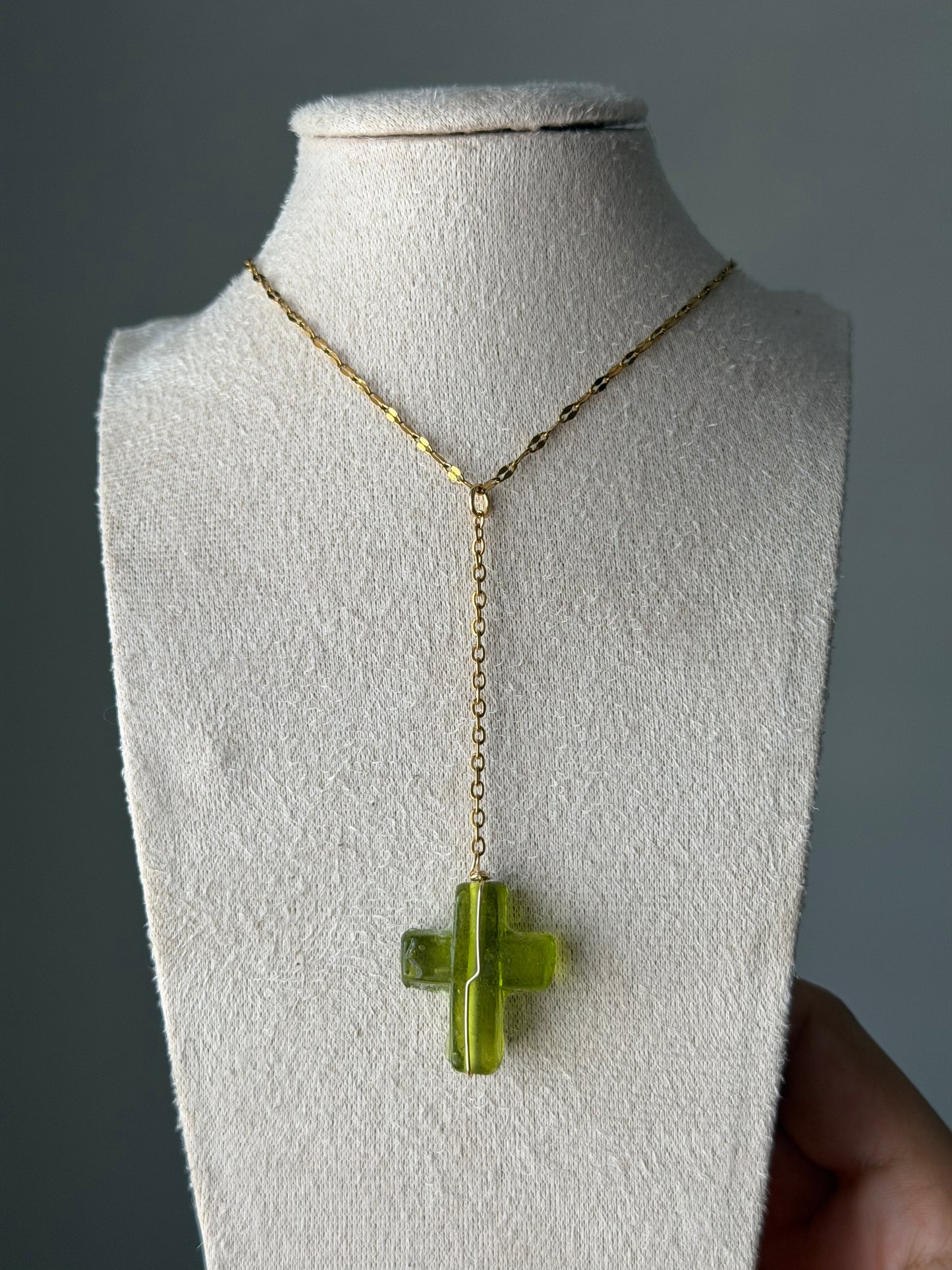 Peridot cross Lariat necklace