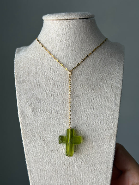 Peridot cross Lariat necklace