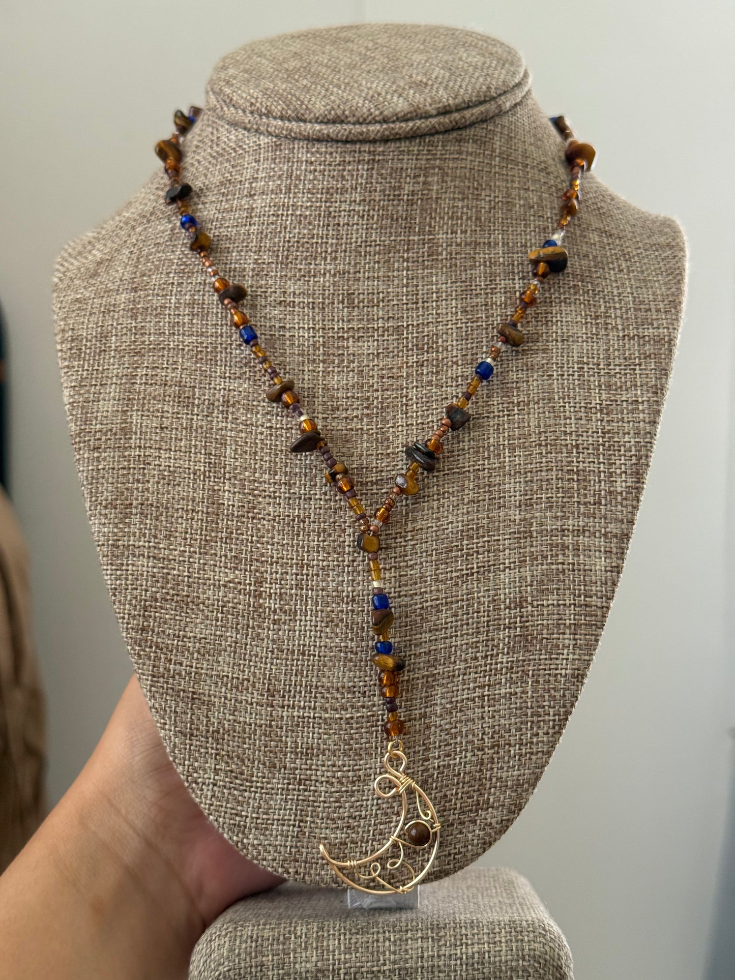 Tigers eye moon Y necklace